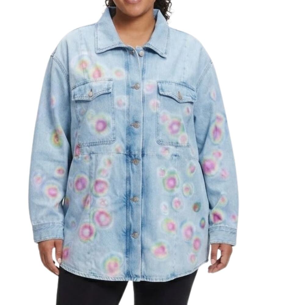 Good American Custom Rainbow Blue Denim Redesign Shacket Jacket size 5 / XXL - Picture 2 of 11